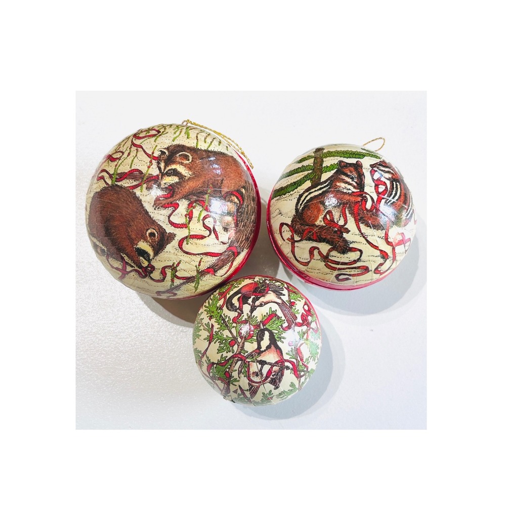Vintage Woodland Animal Paper Mache Fillable Ornaments Set 3 " Russian Doll "